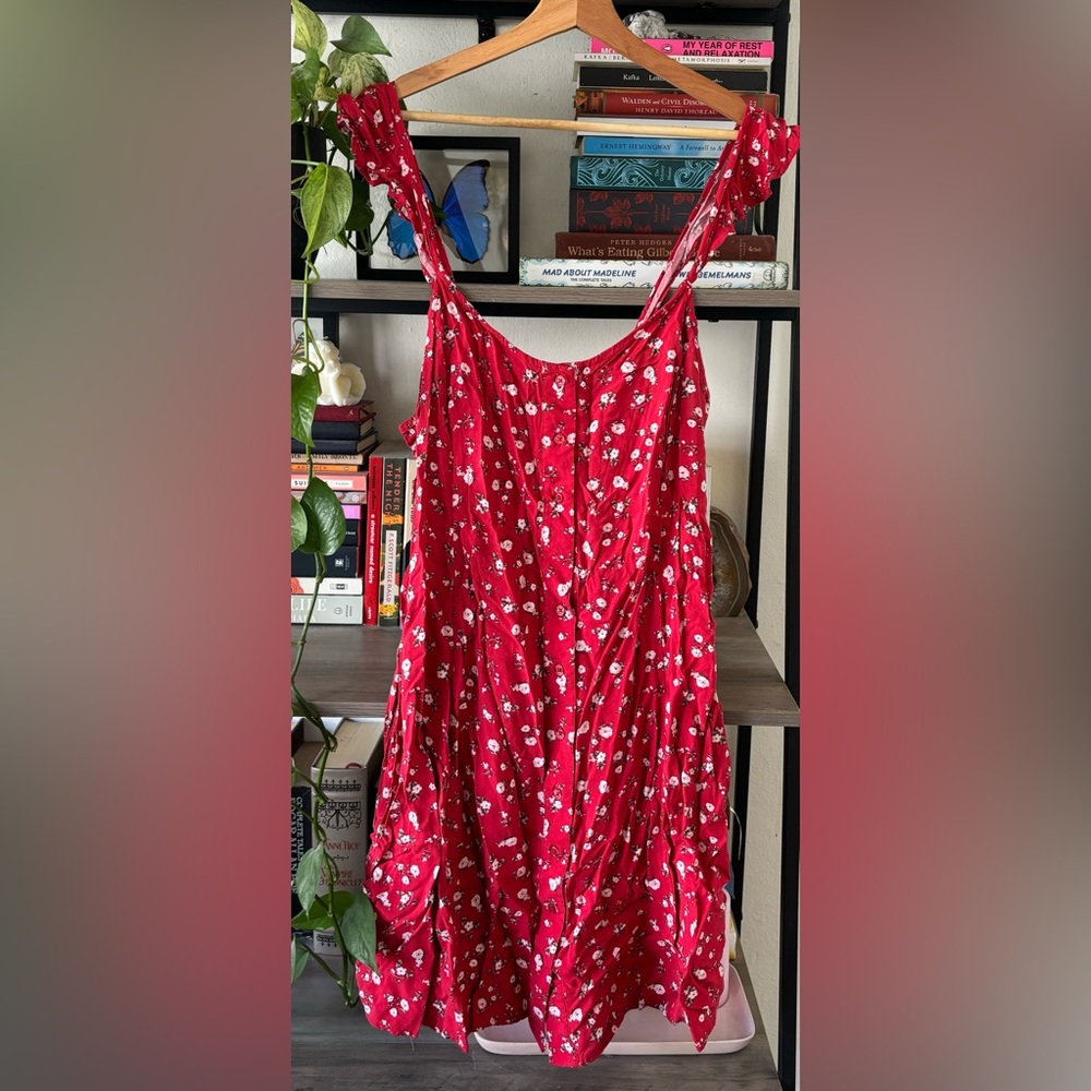 Red Floral Cap Sleeve Mini Sundress (Plus Size Friendly)